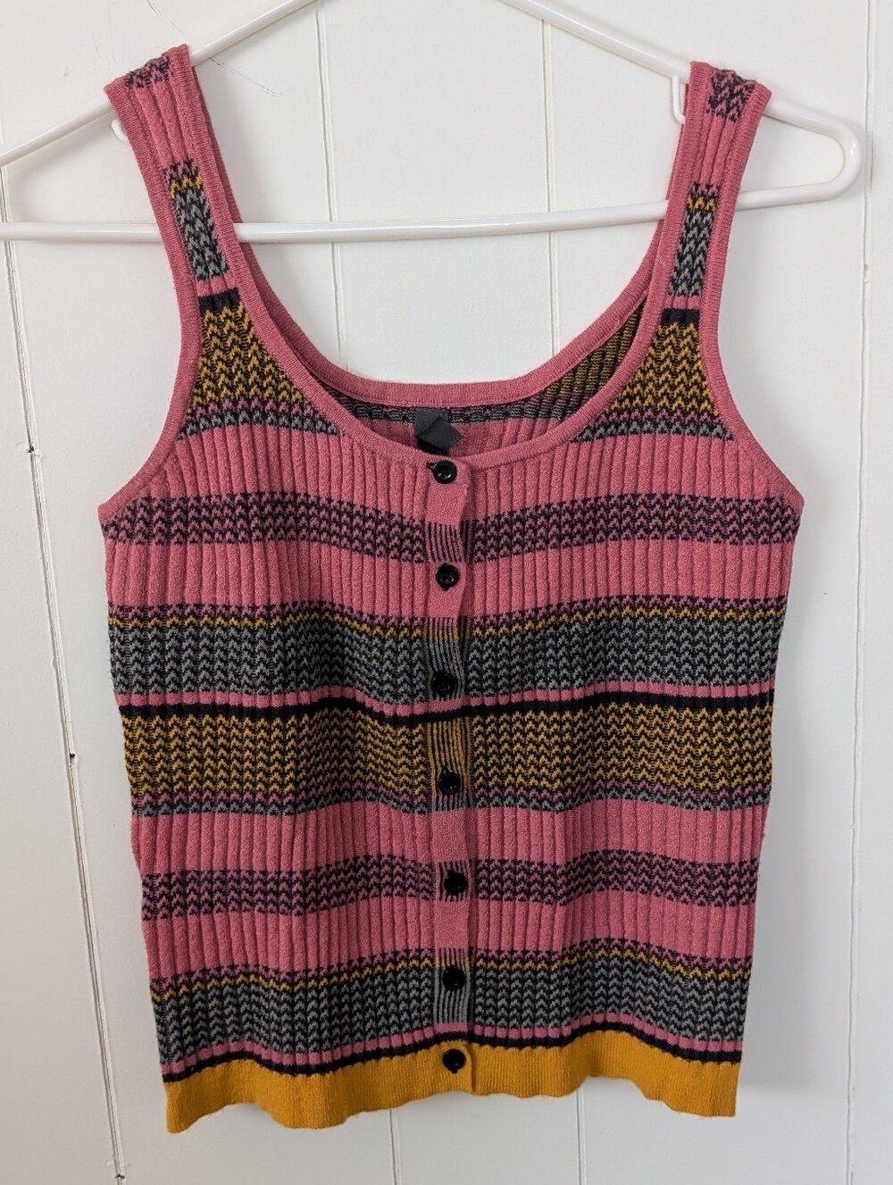 Alya Pink Striped Knit Button-Front Tank with Mustard Trim